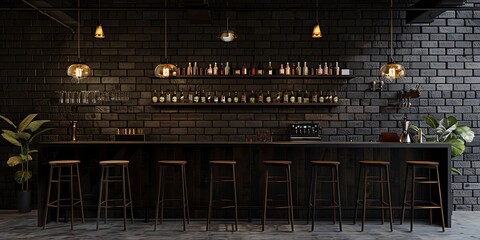 bar interior with black brick wall and wooden floor