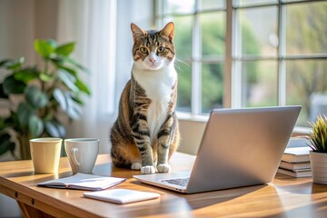A cluttered home office desk with a laptop and papers, features a adorable cat sitting on top, symbolizing a comfortable work-from-home lifestyle with pets.