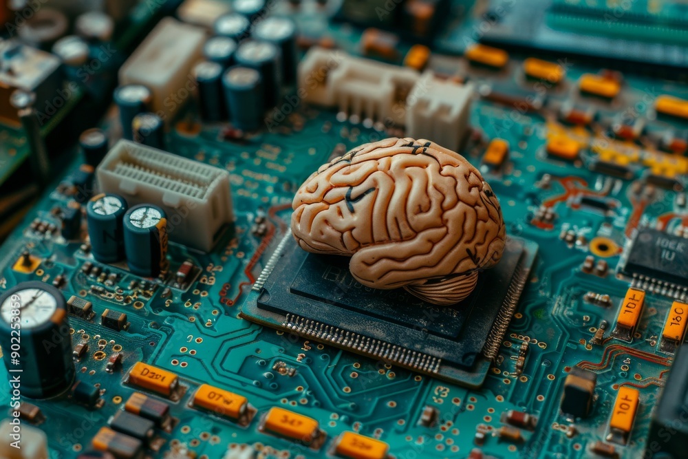 Poster brain model integrated into a circuit board with intricate components and glowing pathways represent