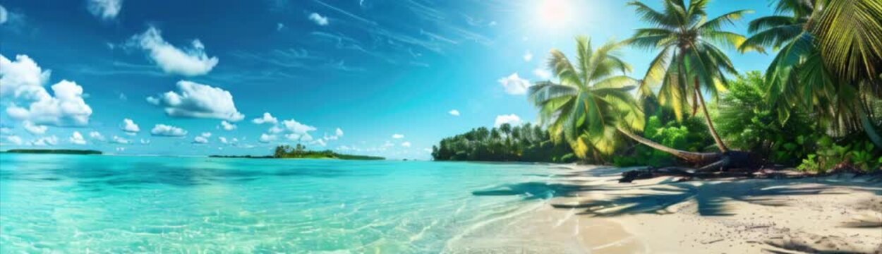 Tropical beach with palm trees and azure water in ocean. Paradise island on a sunny day. Trip, travel and vacation theme