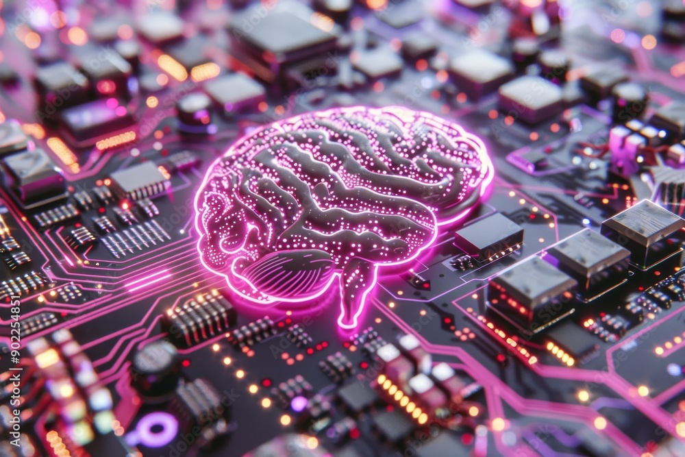 Poster neon brain model on a circuit board with glowing pathways representing futuristic neural technology 