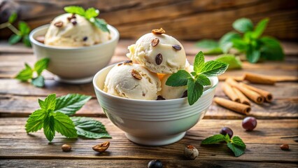Creamy rum raisin ice cream overflowing a white bowl rests on a rustic wooden table, surrounded by fresh greenery, evoking a refreshing summer indulgence atmosphere.