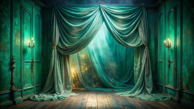 Mysterious ancient room with green draped curtains, dark turquoise and gray hues, exuding romantic drama, set amidst gossamer fabrics, theatrical lighting, and whimsical genre scenes.