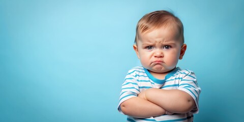 Adorable infant boy with a furrowed brow and crossed arms conveys displeasure against a bright blue studio backdrop with a subtle gradient effect.