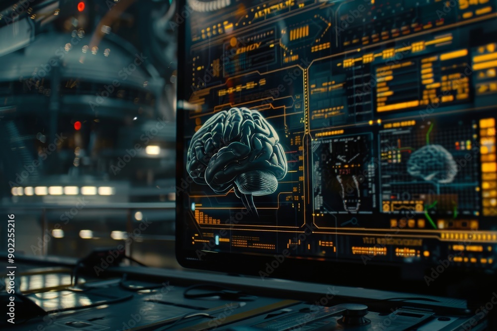 Aufkleber advanced brain model on a computer screen with detailed neural pathways and digital interfaces showc