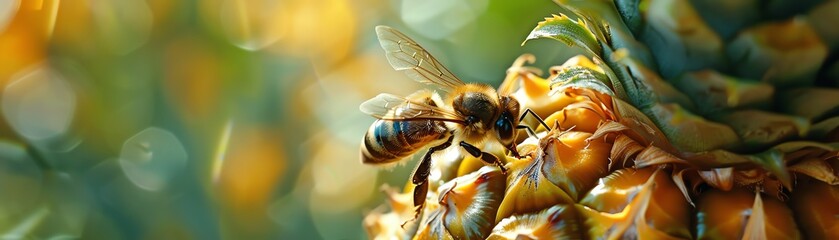 Naklejka premium Bee on ripe pineapple, vibrant green background, macro, detailed and natural