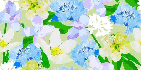 Bright Watercolor Feminine seamless pattern with Big Flowers. Spring, Summer Floral Background.  © mila_okie