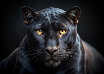 Majestic black panther's piercing eyes gaze intensely in darkness, showcasing mesmerizing golden irises and dark eyelids, exuding mystery and power in a stunning wildlife portrait.