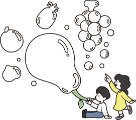 シャボン玉を吹く男の子と喜んでいる女の子のイラスト素材