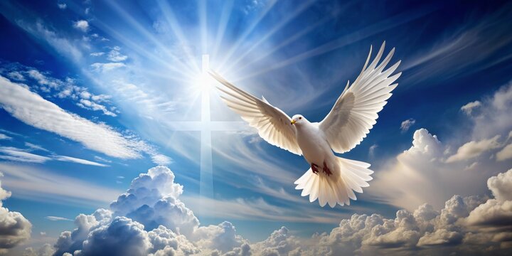 "Winged dove soars in front of the cross set against a serene blue sky with puffy white clouds, symbolizing the Holy Spirit in Christianity."