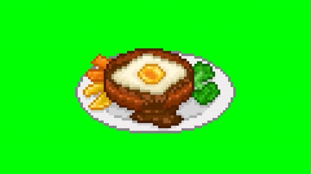 meat with fried egg and vegetables, food animation pixel art 