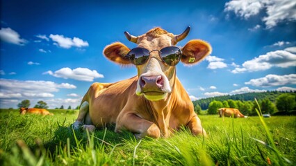 A stylish Guernsey cow accessorized with trendy sunglasses lounges in a lush green meadow basking in warm sunlight on a perfect summer day.