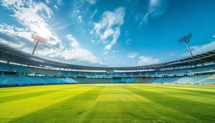 Empty cricket stadium, bright green field, blue sky with clouds, wideangle, vibrant and expansive