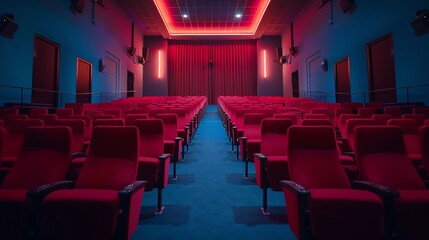Empty movie theater with rows of red seats, symmetrical perspective, dim ambient lighting, nostalgic and quiet
