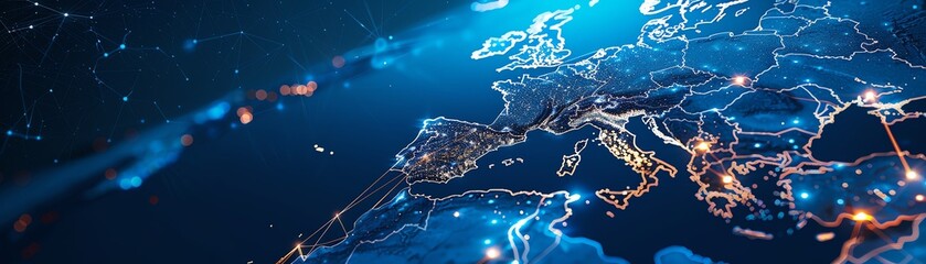 Europe map glowing with connected lines, blue background, top view, futuristic and digital