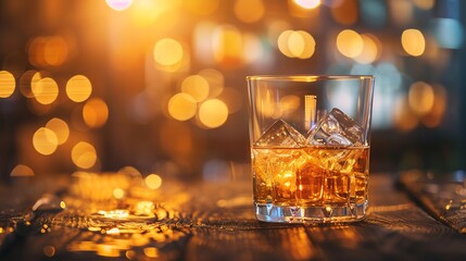Glass of whiskey with ice on rustic wooden table, warm ambient lighting, closeup, cozy and sophisticated