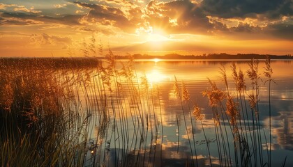 Golden sunset over serene lake, reflections, tall grasses, wideangle, peaceful and picturesque