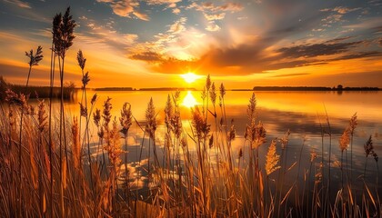 Golden sunset over serene lake, reflections, tall grasses, wideangle, peaceful and picturesque