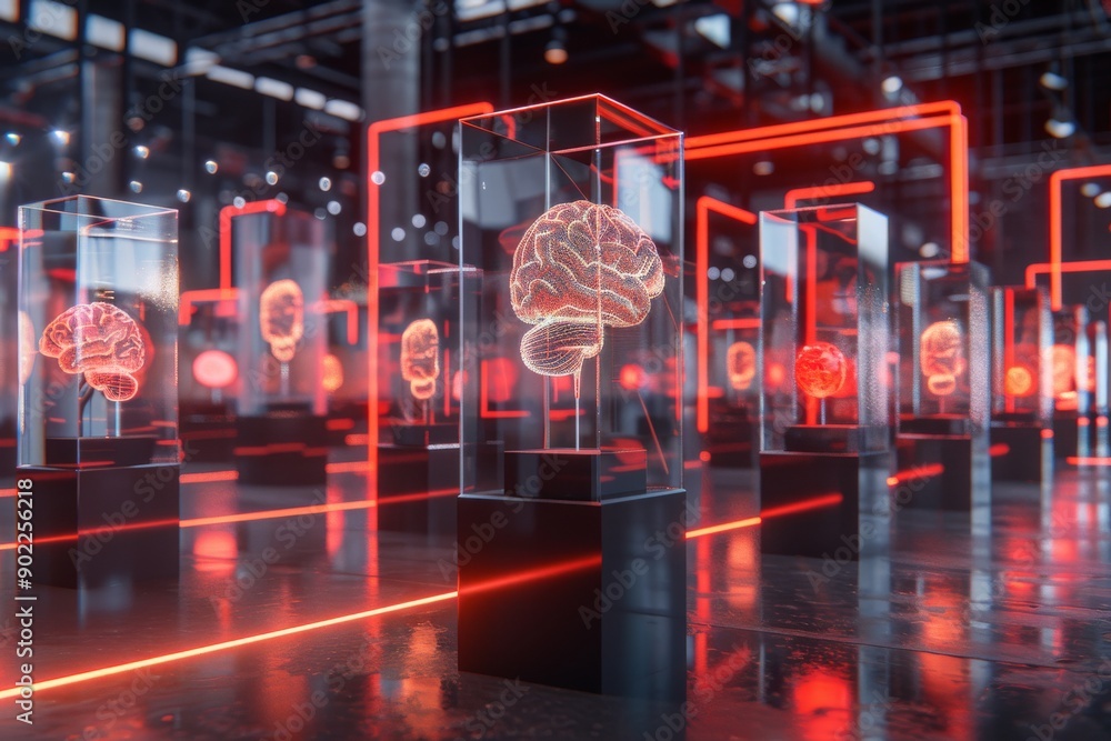 Poster brain model displayed in a high tech museum exhibit with vibrant lights and modern design representi