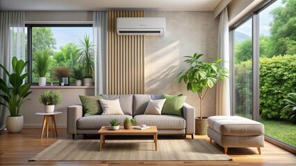Fototapeta premium Modern sleek air conditioner unit blends seamlessly into a stylish living room, surrounded by lush green plants, soft natural light, and a neutral-colored interior design.