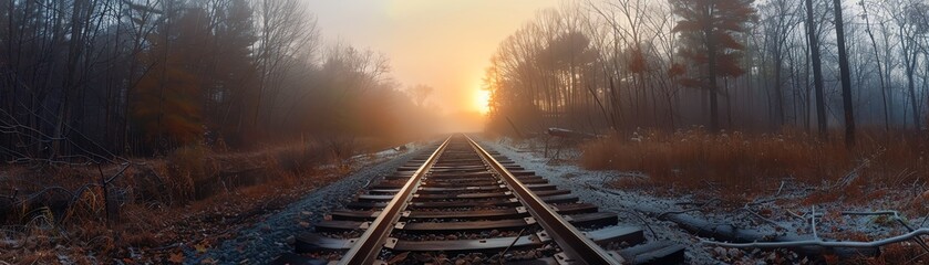 Fototapeta premium Railroad tracks at sunrise, misty forest, vanishing point, wideangle, serene and peaceful