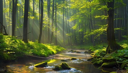 Serene forest stream, vibrant green trees, dappled sunlight, low angle, early morning mist, tranquil atmosphere