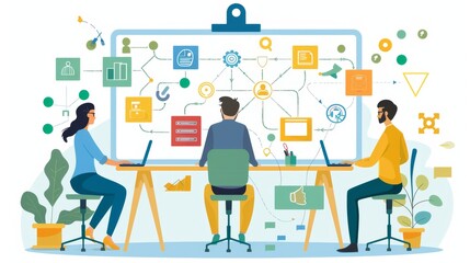 Strategists using a flowchart on a whiteboard to map out business processes and goals. Cartoon illustrations vectors