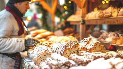 A baker selling freshly baked stollen at a Christmas market.