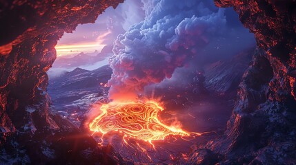 Volcanic eruption seen from cave, glowing lava, smoke, wideangle, dramatic and intense