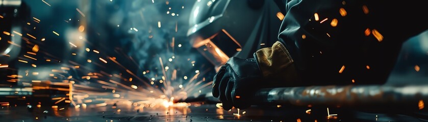 Welding tools and helmet with sparks, dramatic lighting, closeup, industrial and intense