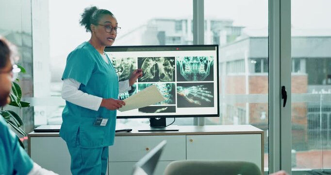 Hospital, presentation or x ray with doctors and nurses in meeting for surgery seminar. Boardroom, coaching or monitor with professional people in clinic for healthcare or medical breakthrough