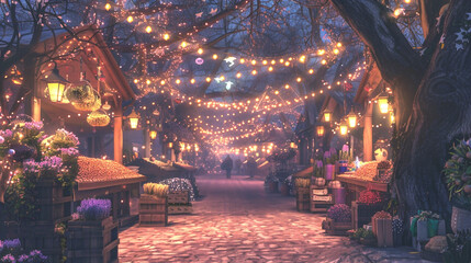 Twinkling lights line a pathway at a festive market, creating a warm and welcoming atmosphere for holiday shoppers