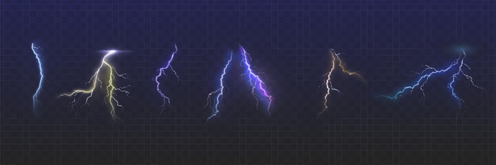 Set of the isolated realistic lightnings with transparency for design. Thunder-storm and lightnings. Magic and bright lighting effects. Natural effects