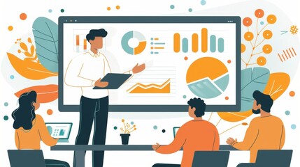 Business leader presenting a strategy to team members, using a projector and visual aids. Cartoon illustrations vectors