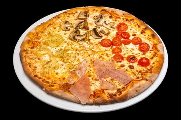 Homemade pizza with cherry tomato, artichoke, serrano ham and mushrooms