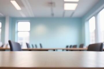 Blurred minimalist modern office interior with sleek desk ergonomic chair and large window