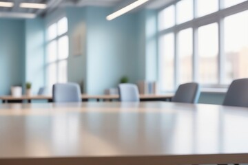close-up desk in business meeting room with chairs in an office interior