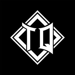 TQ Letter logo abstract shield shape with square white outline on black background template