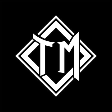 recommend clip art: TM Letter logo abstract shield shape with square white outline on black background template