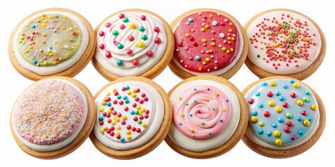 Collection of round cookie cookies biscuit, sprinkle and icing set, on transparent background cutout. PNG file. Many assorted different flavour. Mockup template for artwork design