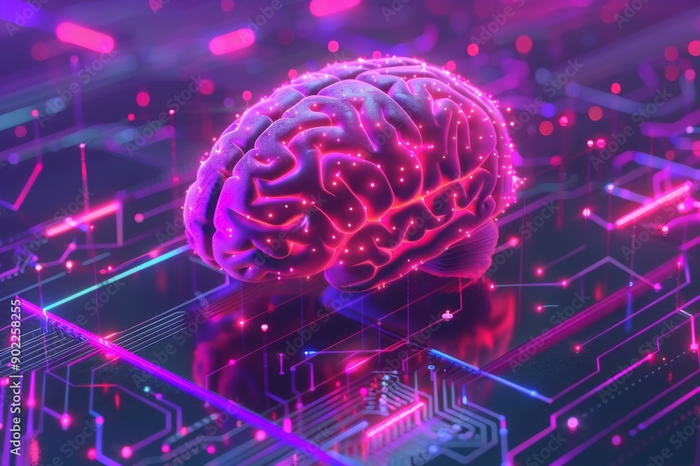 Poster vibrant neon brain model on a futuristic platform with intricate circuitry representing advanced neu