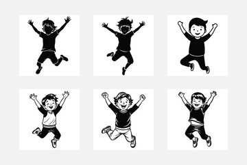Fun little children jumping silhouette white background artwork set
