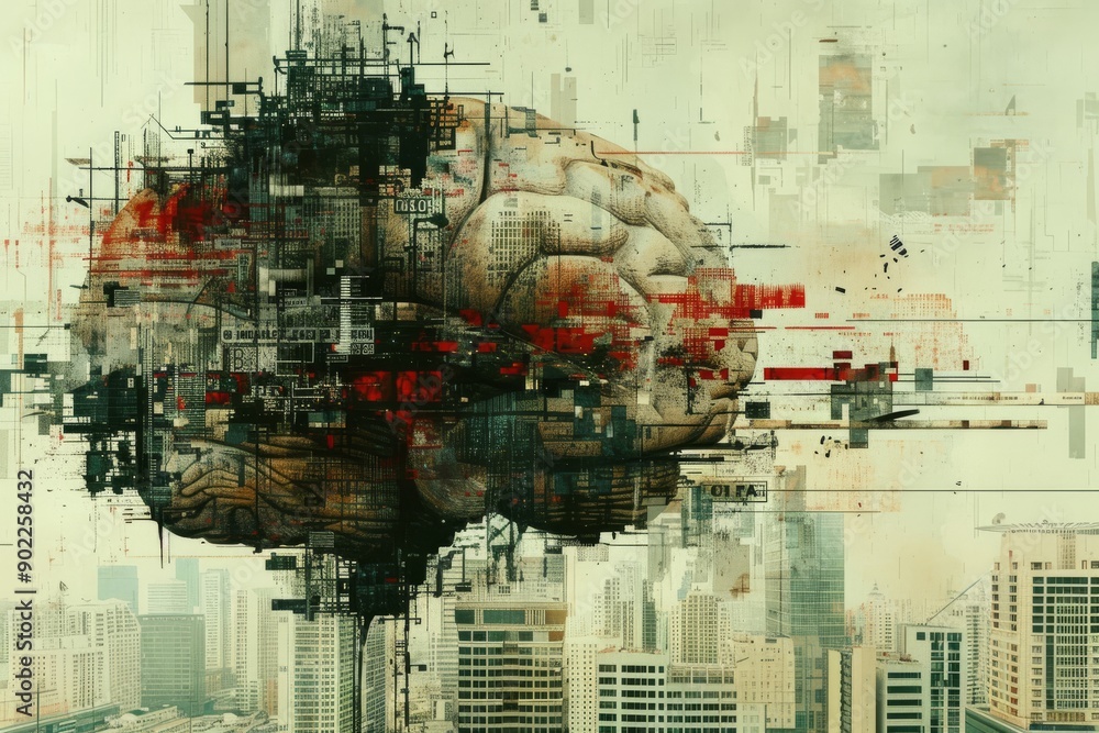 Poster abstract artistic brain design with mixed media elements showcasing creative neural pathways and dig