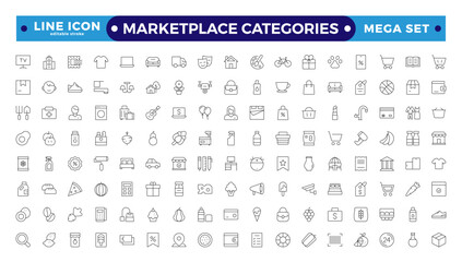 Plakat Marketplace Categories outline Icons set. Vector illustration in modern thin-line style of e-commerce-related icons: household goods, electronics and household appliances Editable stroke outline icon.