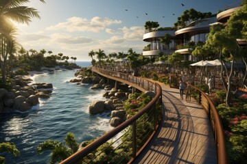 Obraz premium A lively boardwalk along a beach with tourists