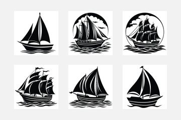Artistic boats and ships silhouette white background artwork set
