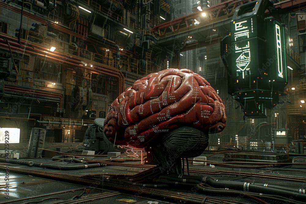 Poster Detailed brain model displayed on a computer screen with vibrant digital interfaces representing advanced neural research