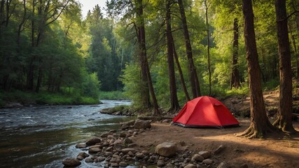 red tent for camping on a river forest background