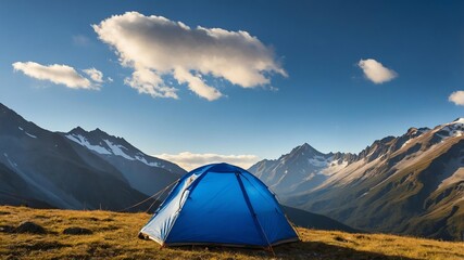 blue tent for camping on a high mountain background