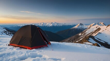 black tent for camping on a snowy mountain peak backgr background
